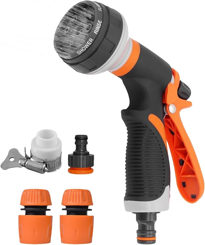 Hose Nozzle - Water Spray Attachment, 8 Adjustable Watering Patterns with Comfortable Grip, Durable Design with Easy Use, Garden and Car Accessory for Washing Vehicles, Showering Pets