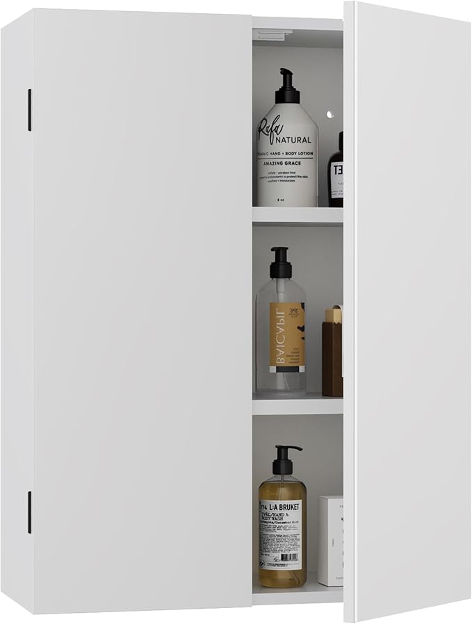 eclife 24" Bathroom Medicine Cabinet W/Mirror, Double Doors Bathroom White Wall Mount Mirror Cabinet, Hanging Triple Shelf Storage Cabinet Opens Left and Right