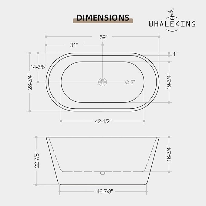Black 59 inch Freestanding Soaking Bathtub, WHALEKING Modern Stand Alone Free Standing Acrylic Tub with Center Drain & Overflow