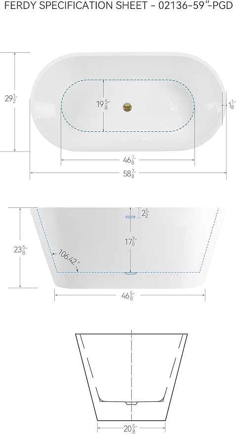 FerdY 59" Shangri-La Elite, Acrylic Freestanding Bathtub, Modern & Contemporary Design Soaking Tub with Polished Gold Pop-Up Drain and Minimalist Design Overflow, Glossy White, cUPC Certified