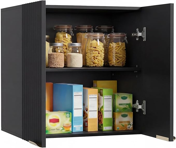 ChooChoo Bathroom Wall Cabinet, Kitchen Storage Cupboard Cabinet with 2 Doors, Fluted Laundry Room Cabinet for Bathroom, Kitchen, Garage, Black