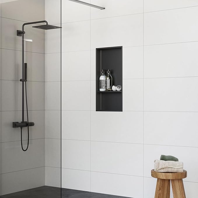 24x12 Shower Niche, No Tile Needed Insert, 304 Stainless Steel, Sloped Base, Matte Black in-Wall Shelf