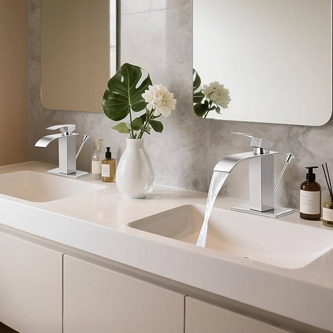 Bathroom Faucets with Lift Rod Drain Brushed Nickel Waterfall Bathroom Sink Faucet Modern Single Handle Bathroom Faucet for 1 or 3 Hole Mxier Tap Washbasin Faucet with Deck