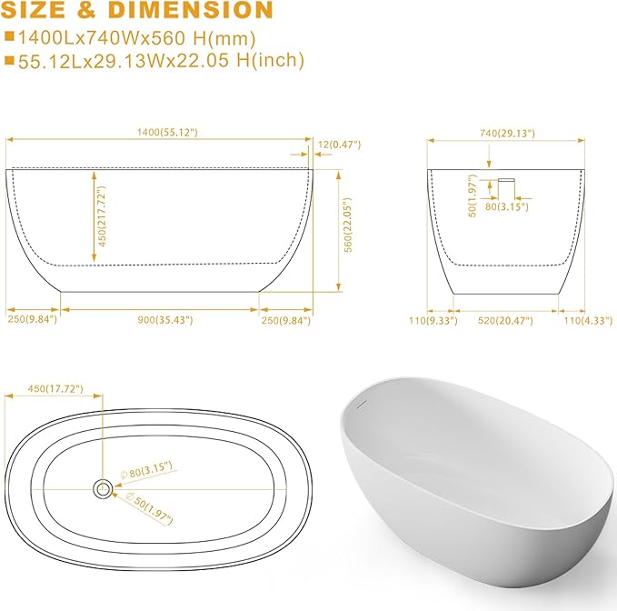 Stone Resin Freestanding Bathtubs,Soklawah 55" Solid Surface Luxury Soaking Tub,Oval Stand Alone Bathroom Bath tub with Drain & Integrated Slotted Overflow,Matte White Elegant Soaker Free Standing Tub