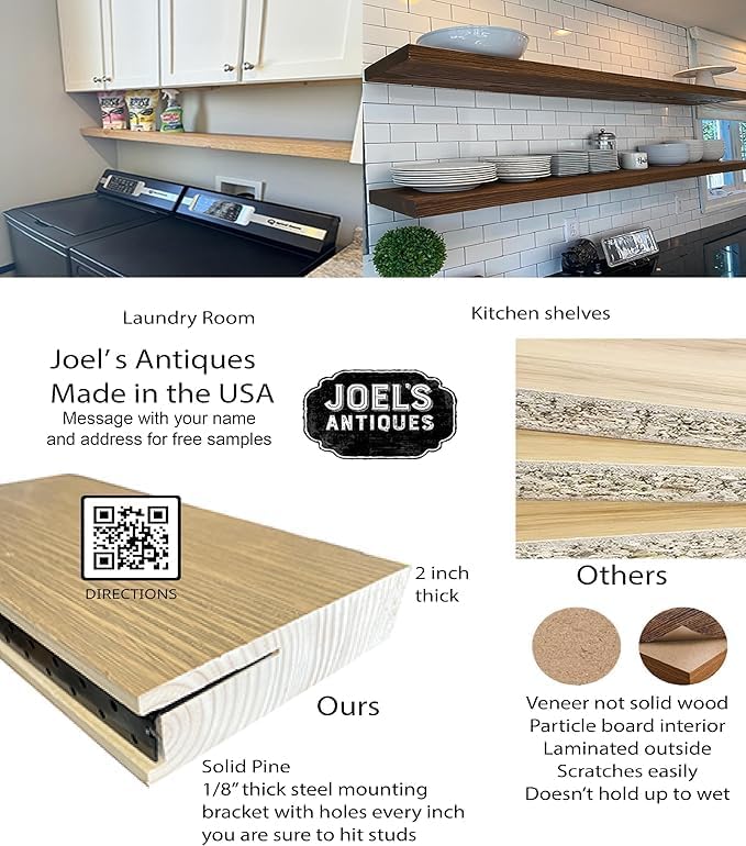 joelsantiques 42 Inch Wooden Floating Shelves for Wall - 42x10x2 in - Made of Natural Wood - Long Heavy Duty Rustic Wall Shelves for Bedroom - Perfect for Living Room, Kitchen - Beige