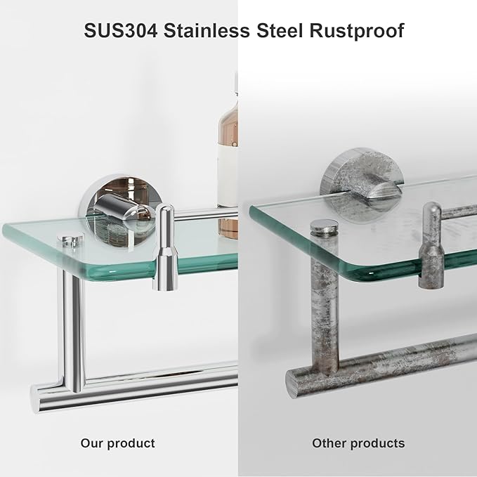 20-Inch Floating Tempered Glass Bathroom Shelf with Towel Bar - Chrome Polished & Stainless Steel, Wall Mount