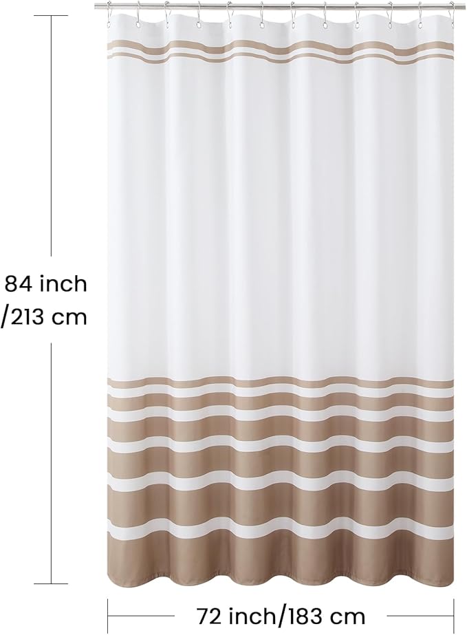 Extra Long Beige and White Striped Shower Curtain 72x84 Inches, Waterproof Fabric with Modern Gradient Lines, 12 Rustproof Grommets & Weighted Hem