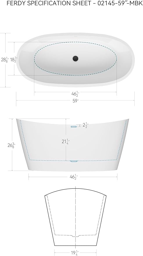 FerdY Naha Elite 59" Acrylic Freestanding Bathtub, Curve Edge Freestanding Soaking Bathtub, Glossy White, cUPC Certified, Matte Black Drain & Minimalist Linear Design Overflow Included