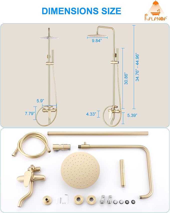 Outdoor Shower Fixture,3 Functions Handle Tub Rainfall Shower Faucet Sets with Dial Thermometer Brass Valve, Exposed Shower System with 10'' Rainfall Shower Head Adjustable (Brushed Gold)