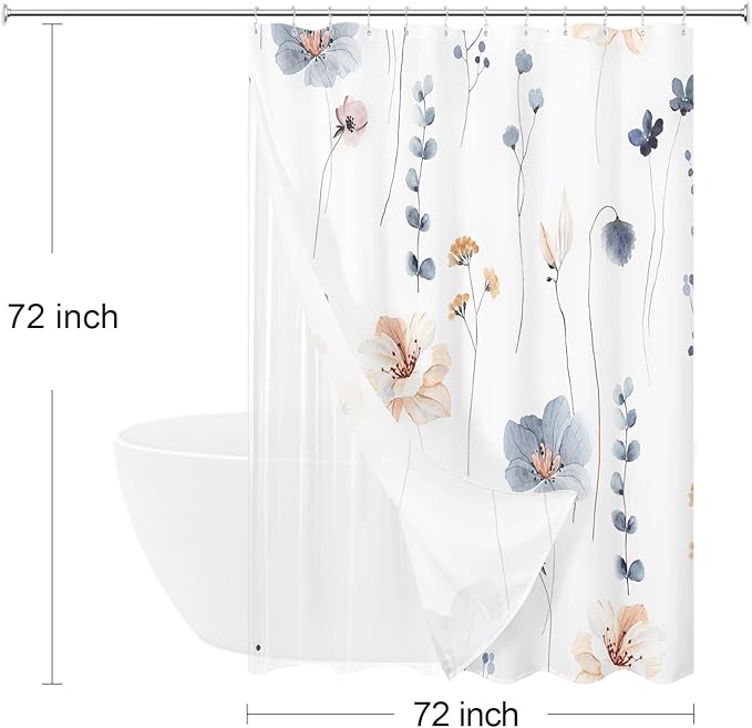 Gibelle 3 in 1 Shower Curtain Set, Blue Watercolor Floral Bath Curtain and PEVA Liner Set with 12 Double Sided Steel Hooks, Waterproof Fabric Bathroom Curtain 72x72