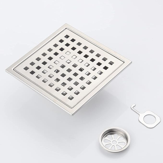 6 Inch Square Shower Floor Drain, Grille with Removable Cover, SUS304 Stainless Steel Brushed Nickel