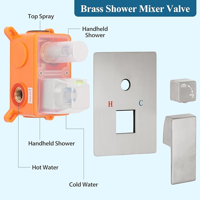 Brushed Nickel Square Shower Head with Handheld Set, Rainfall Shower System Modern Wall Mounted Shower Faucet for Bathroom 12 inch (With Shower Valve)