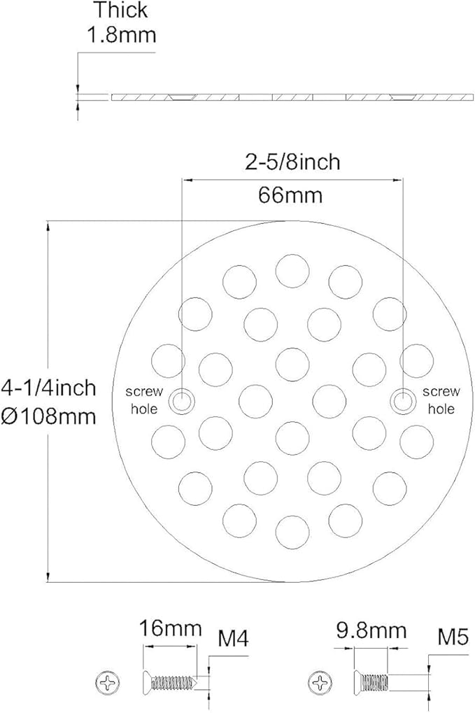 Round 4.25 Inch Screw-in Shower Drainer Cover Replacement 304 Stainless Steel 4-1/4 inch Floor Drain Grate with Screws Chrome