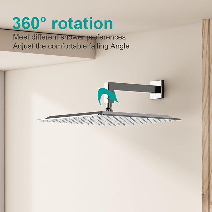 Square Rain Shower Head, High Flow Stainless Steel,Work with any decorative style,All Metal Rainfall Shower Head (Brushed Nickel, 16)