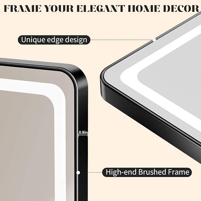LED Bathroom Mirrors with Lights,24" x 36" Black Square LED Mirror for Bathroom,Fogless,3 Colors Dimmable, Touch Sensor