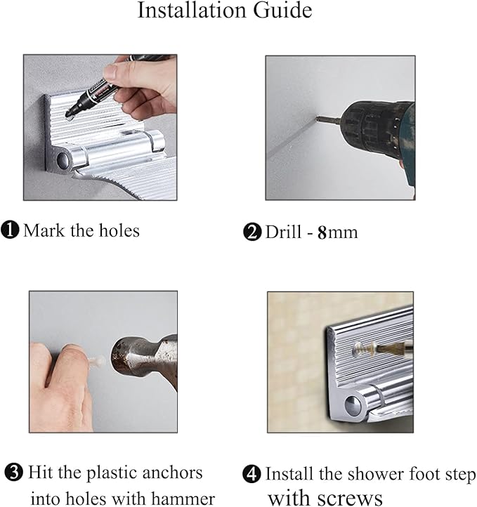 Shower Foot Rest, Shaving & Washing Foot Rest, Heavy Duty Aluminum Alloy Shaving Shelf Fold-Up Shower Foot Rest for Shaving Legs Shower Combo Set (Silvery)