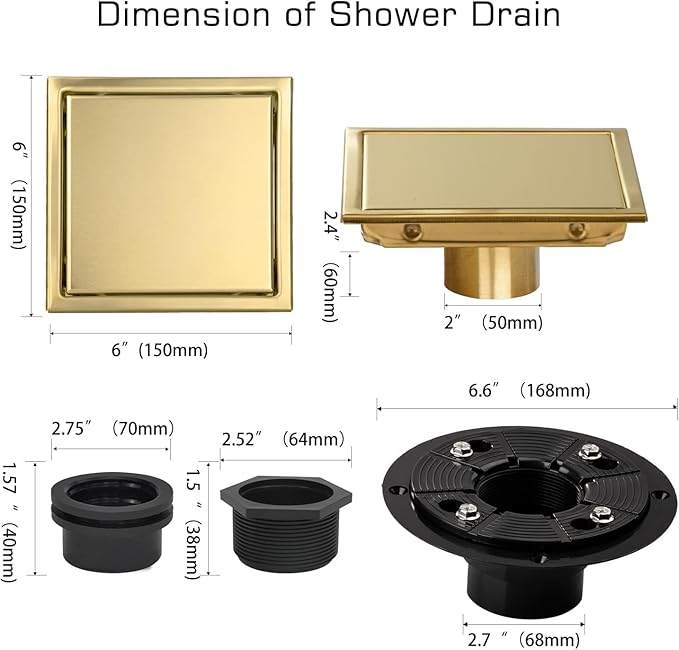 Square Shower Drain, Gold Shower Drain 6 inch with Flange and 2 in 1 Tile-Insert Cover, AISI 304 Stainless Steel Gold Shower Floor Drain with Hair Catcher and Flange