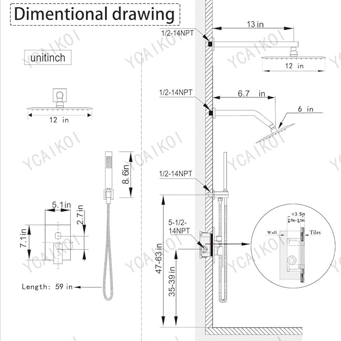Shower Faucet Set Brushed Nickel Shower System, Knob Switch Diverter Shower Faucet with High Pressure Handheld Spray, Wall Mount 12 Inch Shower Head with 6 Inch Wall Mount Shower Head