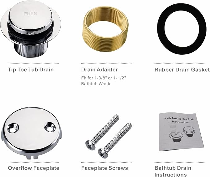Chrome Tub Drain Tip-Toe Tub Trim Set Conversion Kit Assembly, Hidrop Bathtub Drain Replacement Trim Kit with 2-Hole Overflow Faceplate and Universal Fine/Coarse Thread, Chrome
