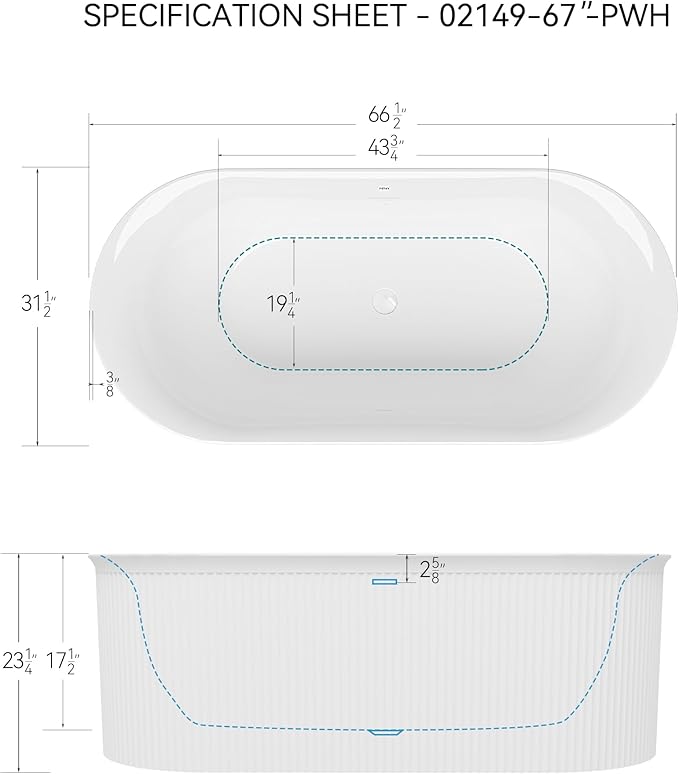 FerdY Nami 67" Acrylic Freestanding Bathtub, V Shape Freestanding Soaking Acrylic Bathtub, Modern White, cUPC Certified, Polished White Pop-Up Drain