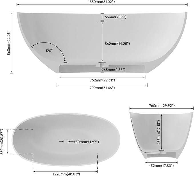 Premium 61" Solid Surface Freestanding Bathtubs, Repose-Grey Oval Stone Resin Tub with Overflow and Pop-up Drain