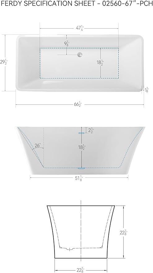 FerdY Sentosa 67" Acrylic Freestanding Bathtub, Contemporary Design Soaking Tub with Polished Chrome Drain and Minimalist Linear Design Overflow, Easy to Install, 02560