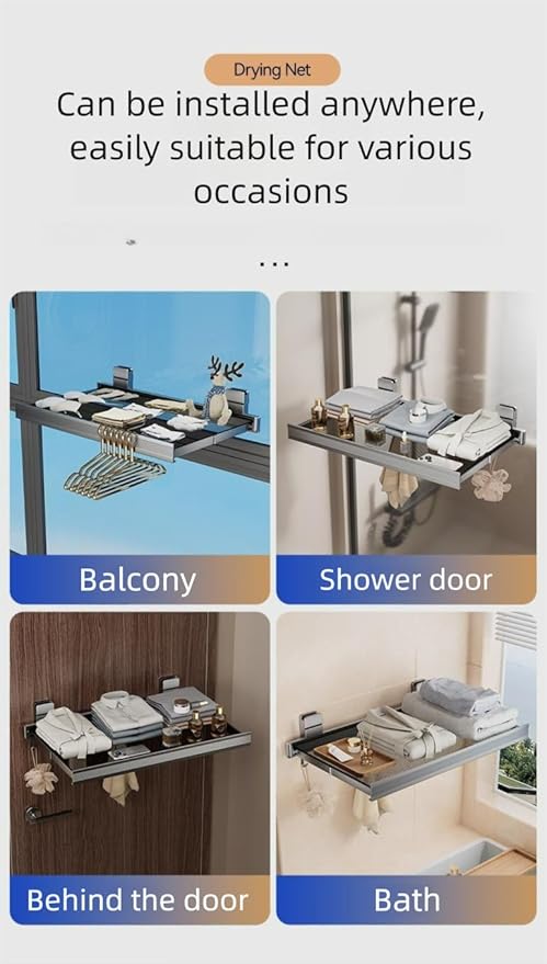 Oleth Telescopic Suction Cup Bathroom Towel Rack & Balcony Drying Net: Super Strong Suction, Tool-Free Install, Wall-Safe. Fits Smooth Surfaces for Towels/Small Items.Bathroom Concealed Folding Shelf