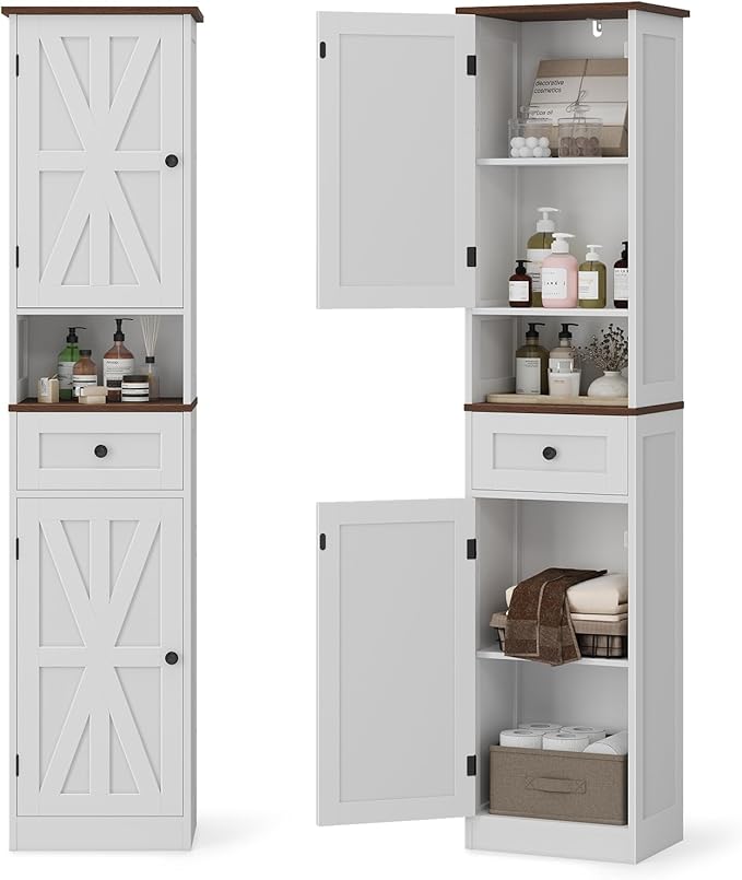 67" H Tall Bathroom Cabinet, Narrow Storage Cabinet with 2 Barn Doors and 1 Drawer, Freestanding Floor Cabinets with 5 Shelves and Open Storage Shelf for Bathroom, Living Room, Kitchen, White