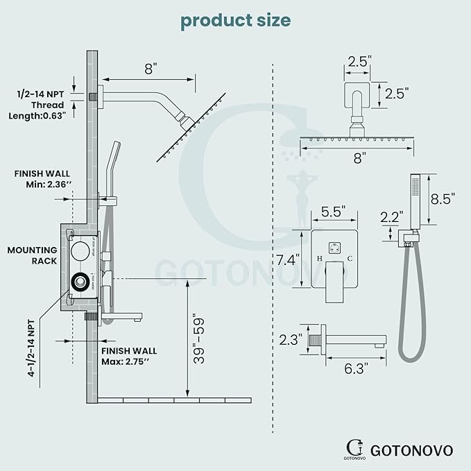 gotonovo Shower System with Tub Spout Wall Mounted Rain Shower Head and Handle Combo Shower Faucet Set with Valve, 8 Inch, Oil Rubbed Bronze