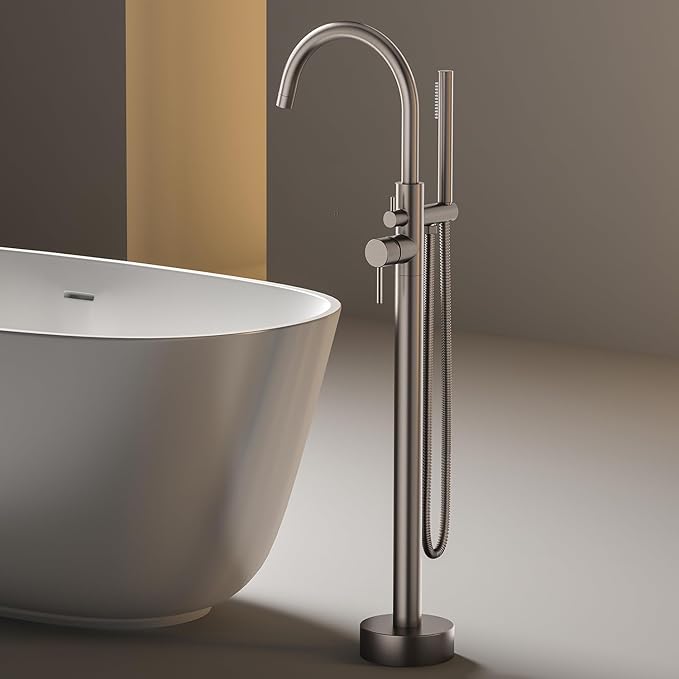 Freestanding Bathtub FaucetFloor Mount Bathtub Filler Shower Mixer Faucet with Handheld Shower Sprayer Swivel, Bottom Inlet,Grey