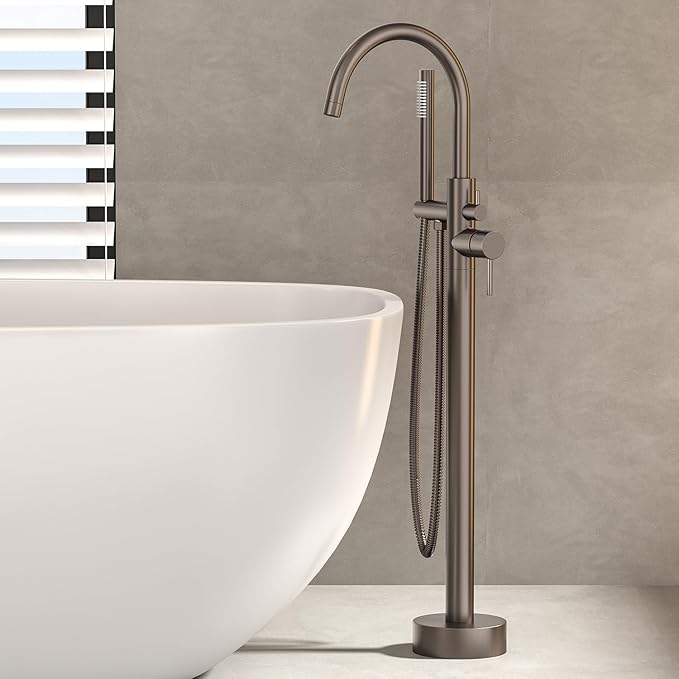Freestanding Bathtub FaucetFloor Mount Bathtub Filler Shower Mixer Faucet with Handheld Shower Sprayer Swivel, Side Inlet,Grey