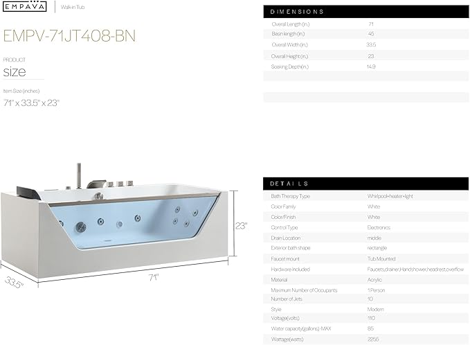 Empava Acrylic Whirlpool Bathtub, 71-Inch Jetted Bathtub with Heater, 10 Jets Hydromassage with Chromatherapy, 3-Side Apron with LED Control Panel, Waterfall, Brushed Nickel Hardware and Nozzle