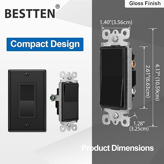 BESTTEN 10 Pack Single Pole Decorator Wall Light Switch with Wallplate, 15A 120/277V, On/Off Rocker Paddle Interrupter, UL Listed, Black