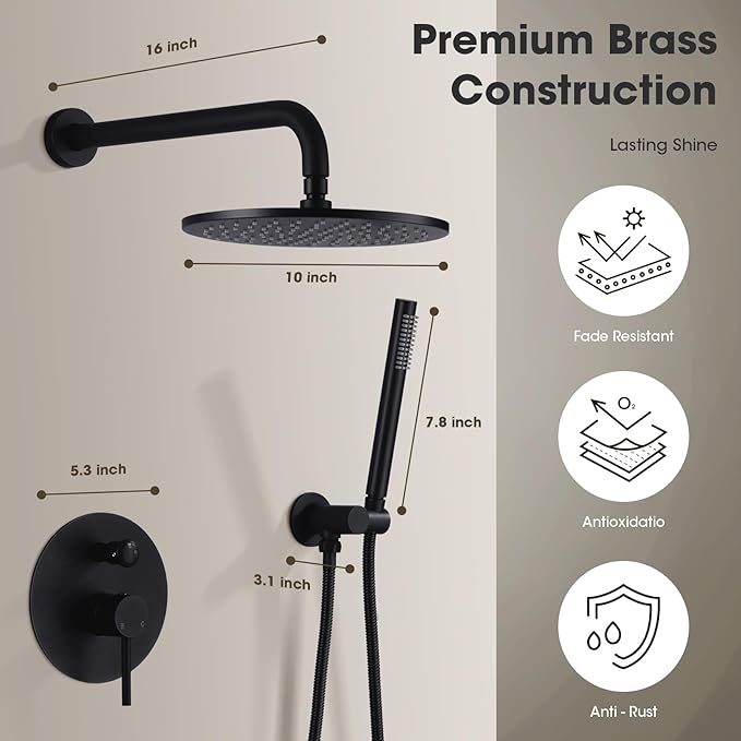 TRUSTMI Matte Black Shower System Wall Mounted Pressure Balance 10-Inch Rainfall Shower Set with Brass Rough-In Diverter Valve and Trim Kit