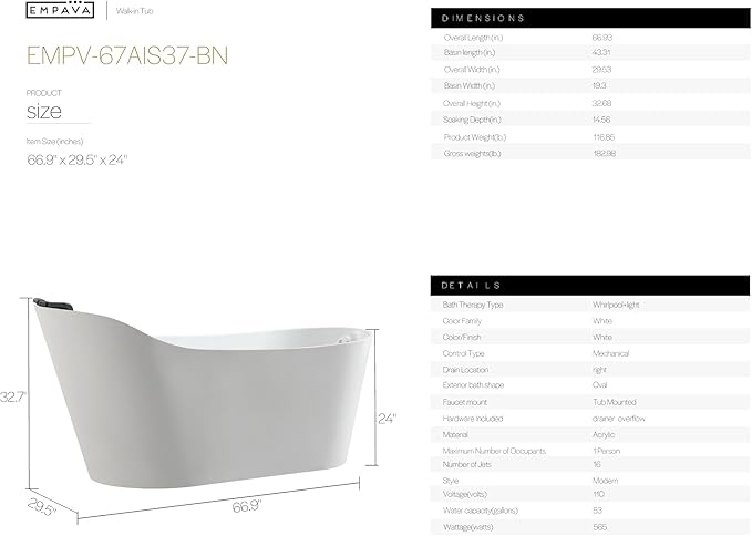 Empava Update Acrylic Whirlpool Bathtub, 67-Inch Freestanding Gracefully Oval Shaped Jetted Bathtub with Healing Chromotherapy, 16 Hydromassage Jets, Single-Ended Bathtubs with Pillow, No faucet