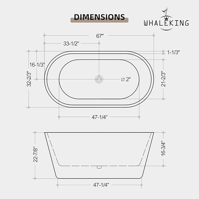 Black 67 inch Freestanding Soaking Bathtub, WHALEKING Modern Stand Alone Free Standing Acrylic Tub with Center Drain & Overflow