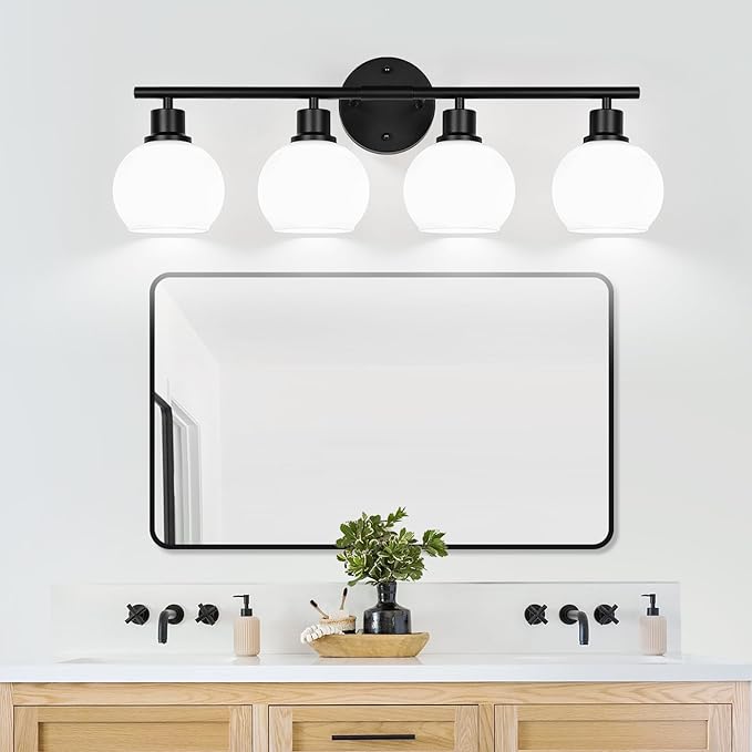 4-Light Bathroom Light Fixtures, Black Bathroom Lights Over Mirror with Milky White Frosted Glass Globe Shade, Vanity Lights for Bathroom Kitchen Living Room Hallway Cabinet Bedroom Porch