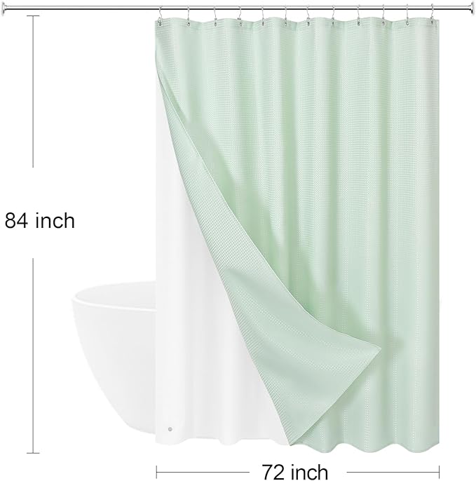 3 in 1 Extra Long Mint Green Shower Curtain Set-72 W x 84 H, Modern Waffle and PEVA Liner Set with 12 Stainless Steel Hooks, Waterproof Fabric for Bathroom