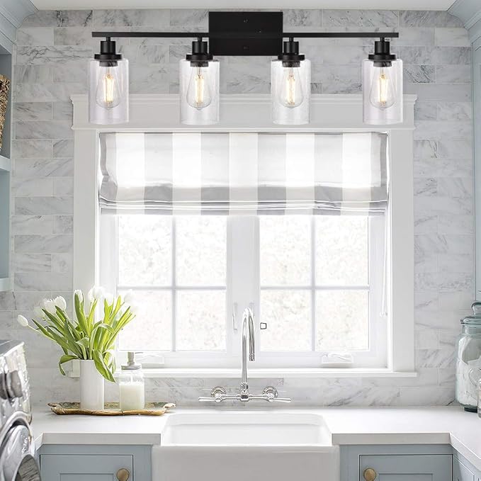 Black 4-Light Bathroom Light Fixtures with Seeded Glass Shade, 31-Inches Length Farmhouse Vanity Lights Over Mirror for Cabinet Kitchen Bedroom