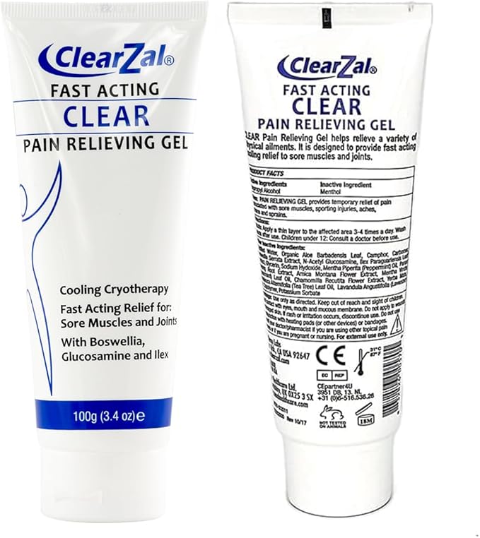 ClearZal Fast Acting Clear Pain Relieving Gel with Cooling Cryotherapy, Boswellia and Glucosamine for Sore Muscles and Joints, Soothing Cooling Gel 3.4 oz
