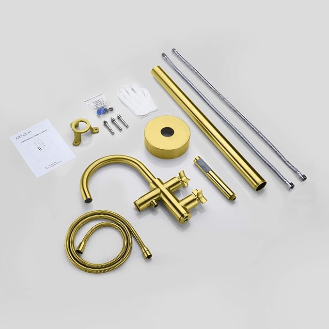 Freestanding Tub Filler Bathtub Faucet Brushed Gold Floor Mount Brass Bathroom Faucets with Hand Shower