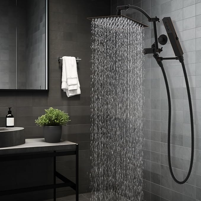Hibbent All Metal CUPC Certified 10'' Rain Shower Head, Dual Shower Head Combo, High Pressure Handheld 4 Sprays Shower Wand, 16'' Adjustable Extension Arm, 71'' Hose, Shower Holder, Oil-Rubbed Bronze