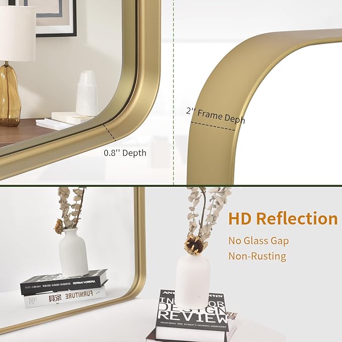 VooBang Bathroom Mirror 24x36 inch, Gold Gorgeous Deep Frame Wall Mirror, Modern Round Corner Bathroom Vanity Mirror for Bedroom, Living Room, Hanging or Leaning Horizontal or Vertical, Gold