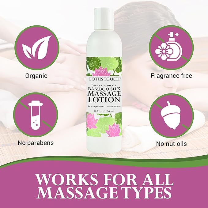 Organic Naturals Bamboo Silk Massage Lotion by Lotus Touch - 100% Pure Bamboo Silk Powder, Green Tea Extract & Aloe Vera - Unscented - Moisturizing, Fast Absorbing - Soft, Silky Glide – 8 Ounces