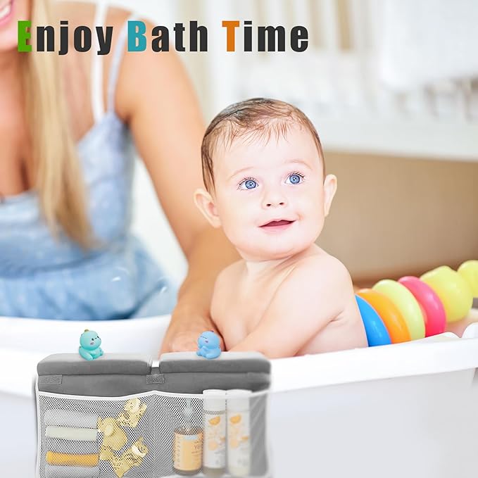 KJR Bath Kneeler and Elbow Rest Pad Set for Baby Bathing, Thick Quick Drying Memory Foam Kneeling Mat with Toy Organizer Pockets, Comfortable Non Slip Bathtub Knee Saver Support for Knees, Arms(Gray)
