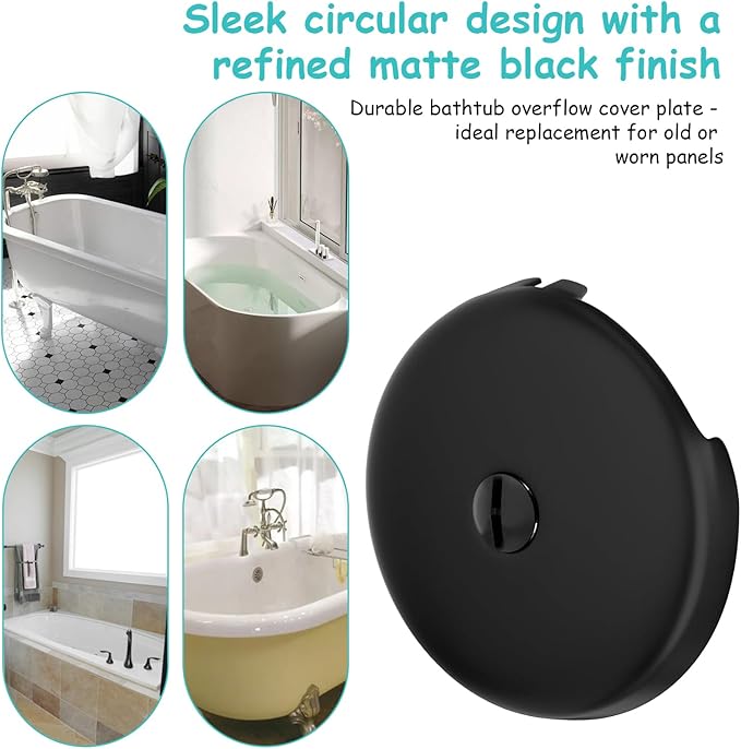 Single Hole Bathtub Drain Cover 1/8", Universal Bathtub Overflow Drain Cover with One Matching Screw for Waste and Over Flow, Tub Overflow Cover Fits Most Standard Bath Tub Drains (2PCS) (Black)