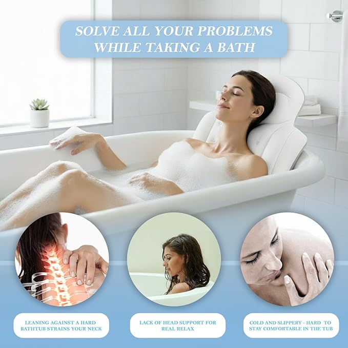 Bath Pillow for Tub | 4D Air Mesh Fabric - Plush Bathtub Pillow for Neck & Back Support, Hot Tub Pillow with 6 Non-Slip Suction Cups | Spa Pillow for Relaxation and Comfort (White). (Full Body White)