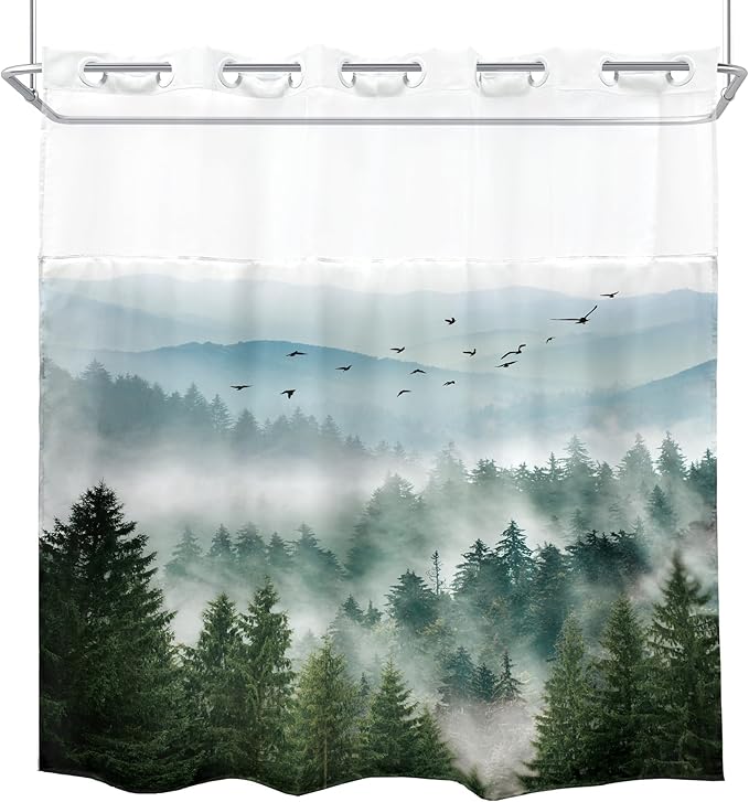 No Hook Green Shower Curtain with Snap in Fabric Liner,72Wx72H Inch Nature Mountain,Hookless Double Layer Shower Curtain and Liner Set,Pine Tree Scenery Waterproof Cloth Shower Curtains Washable