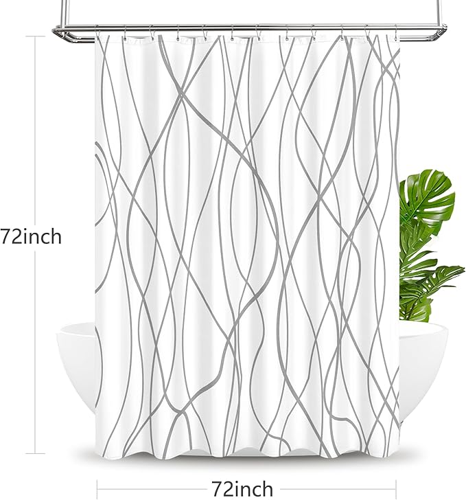 Tititex Morden 140gms Faux Linen Fabric Bath Shower Curtain Set Textured Fabric with White Gray Curve Pattern 72x72 Inch Water Resistant Bathroom Curtains, Weighted Hem & Hooks for Home/Hotel