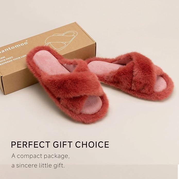 Chantomoo Womens Slippers Memory Foam Fuzzy Cross Band Faux Fur Slippers for Women Gift